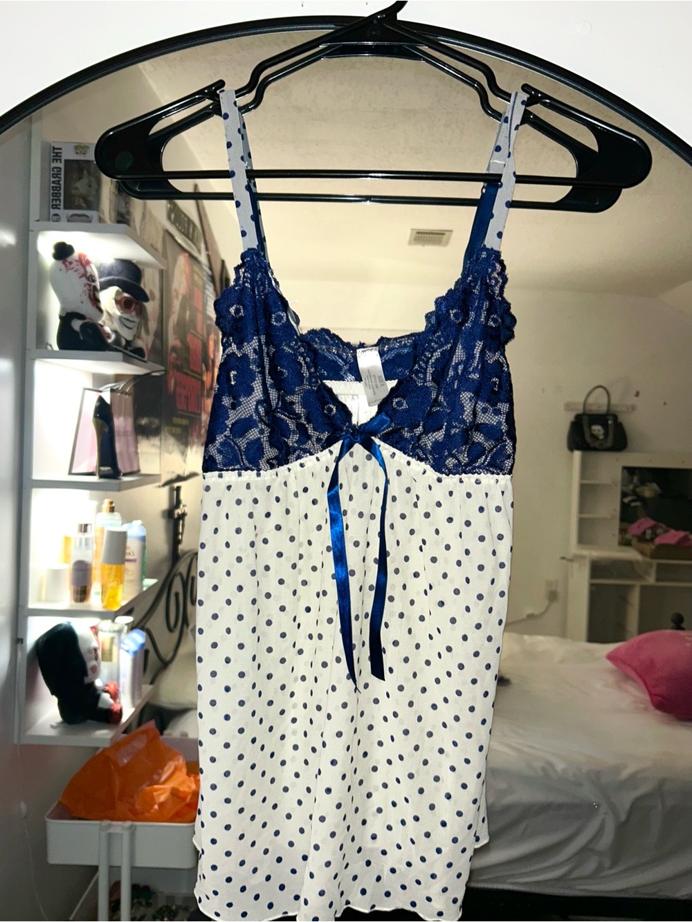 Vintage Navy Lace & Polka Dot Satin Babydoll Slip Dress Lingerie Top